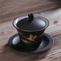 手工三才盖碗套装泡茶杯 牡丹黑陶功夫茶具配件 陶瓷盖碗可定制