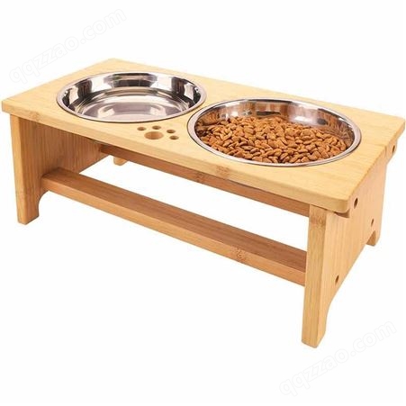 猫碗双碗猫盆陶瓷单碗可调节宠物竹木碗架喂食器