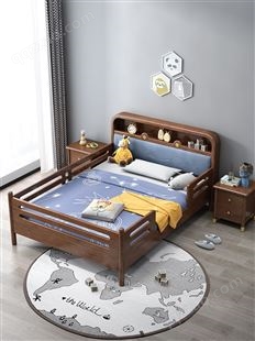新中式实木儿童床儿童房青少年胡桃木护栏拼接加宽带LED灯暖光床