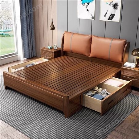金丝檀木实木床新中式双人床1.8米 现代简约主卧轻奢储物软包大床