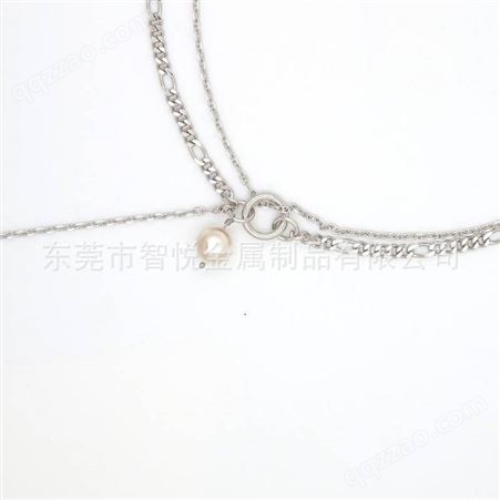 黄铜项链DIY设计开发两款铜镀银色链条混搭水磨珍珠流行饰品订购